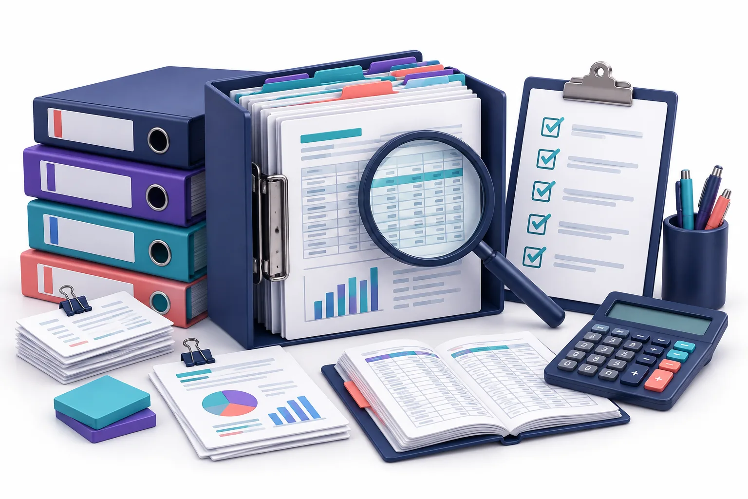 Indexed financial records, ledger, calculator and magnifying glass representing a detailed ATO audit