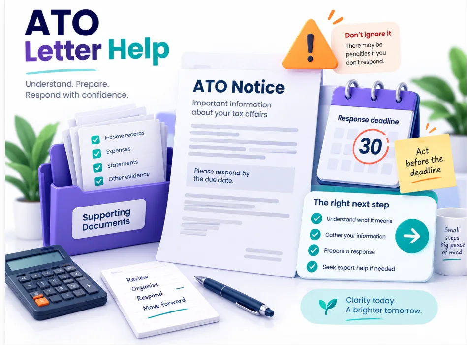 Colourful ATO letter help illustration showing a notice, deadline, supporting documents and calculator
