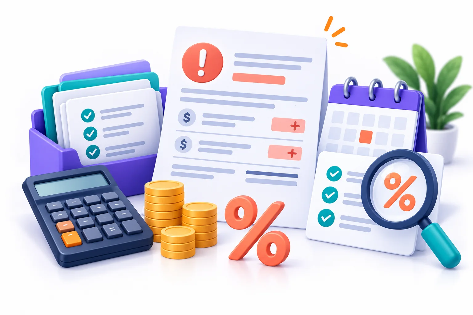 Penalty notice, percentage symbol and calculator representing review of ATO penalties and interest