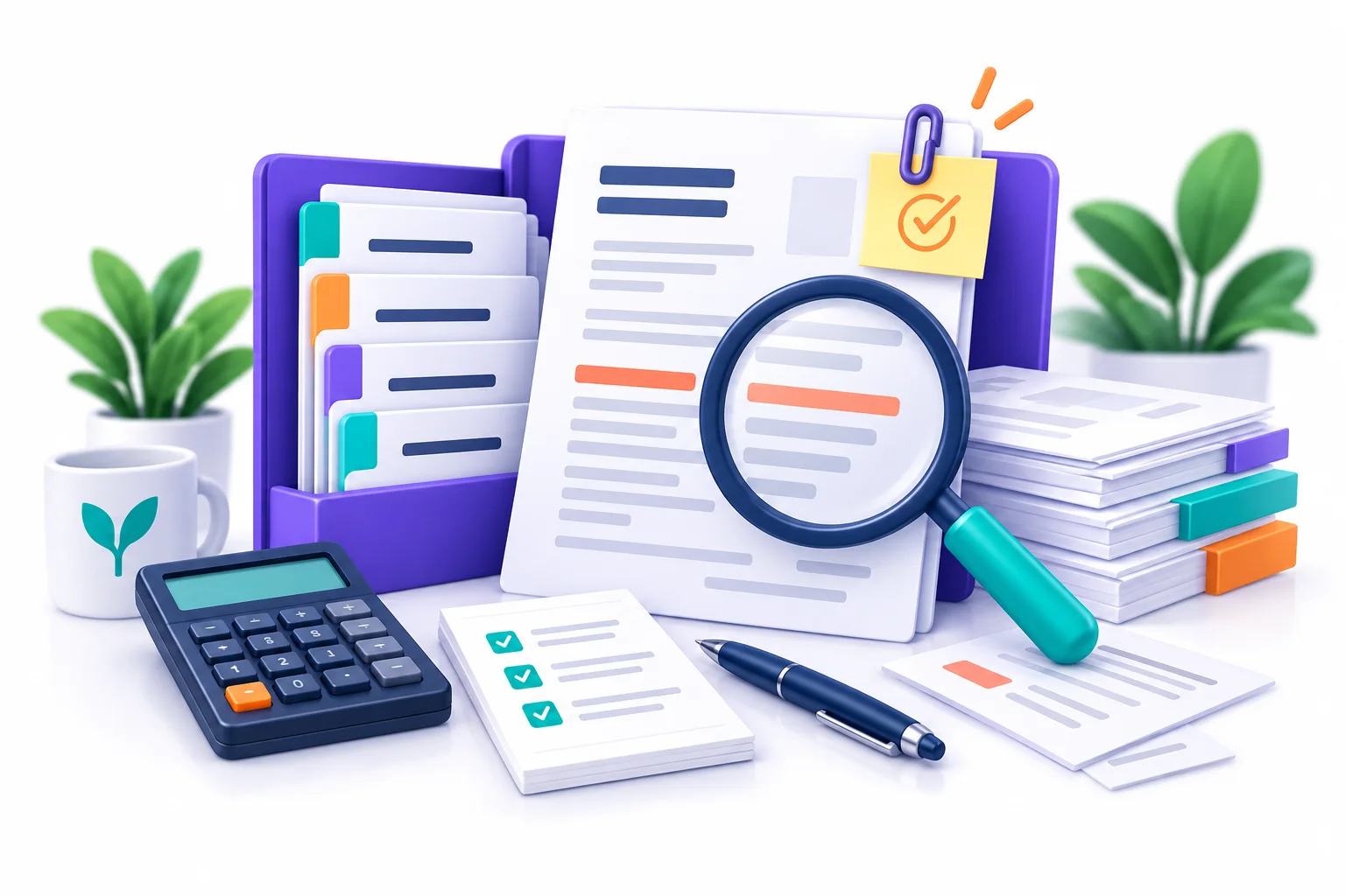 Organised tax records, calculator and magnifying glass representing an ATO review or audit